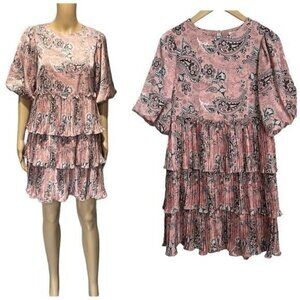 Melloday Pink Paisley Ruffle Balloons Sleeve Dress Size Small